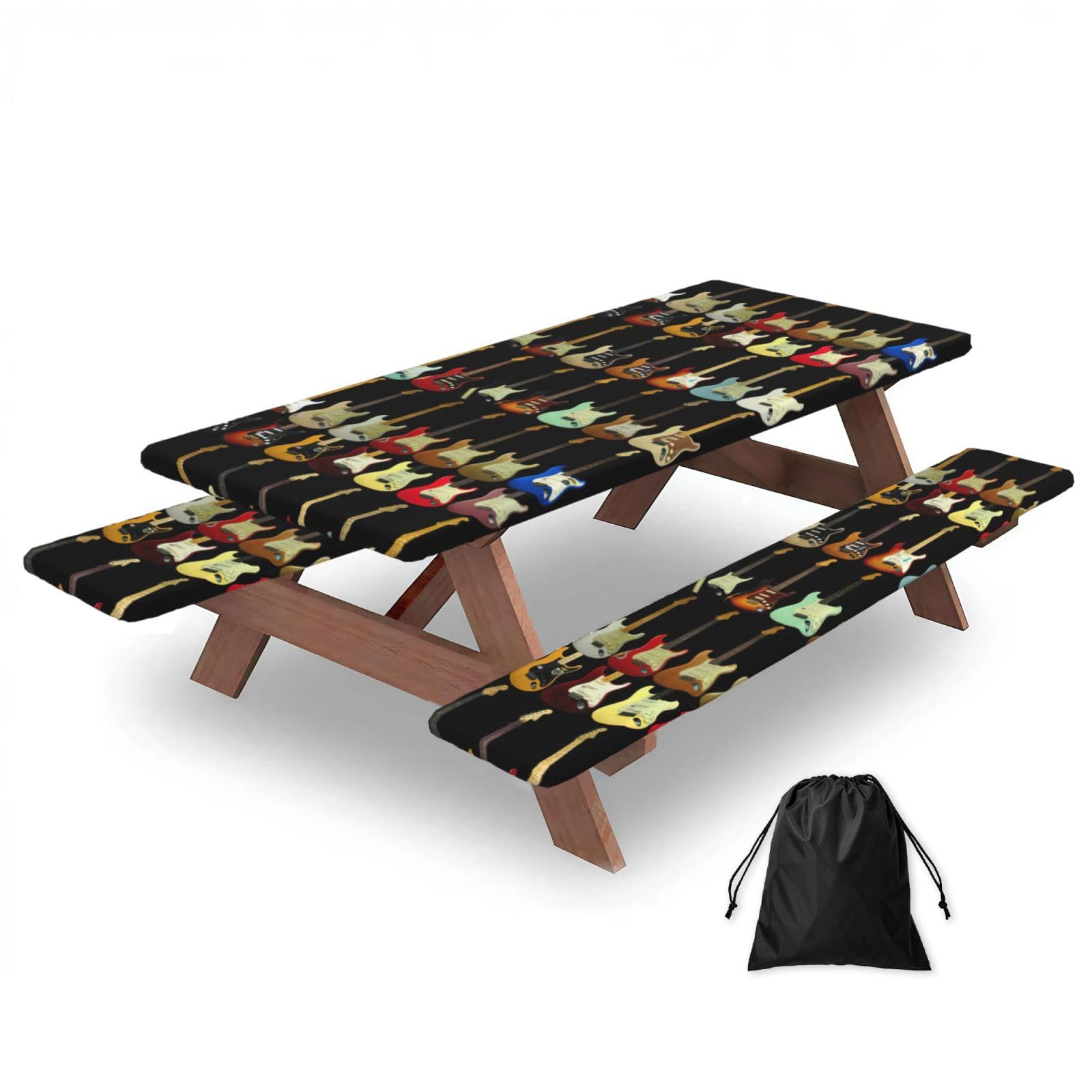 Zyjhyy Black Art Guitar Pattern Print 3 Pack Wipeable Picnic Bench Cover And Table Cover Lightweight Table Cloth For Camping Outdoor