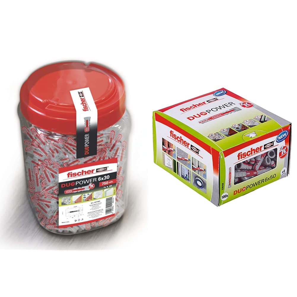fischer 557383 DUOPOWER Dübel, Grau/Rot, 6x30/750uds & DUOPOWER 6 x 50, Universaldübel, leistungsstarker 2-Komponenten-Dübel, Kunststoffdübel zur Befestigung in Beton, Ziegeln, Stein, 100 Stück