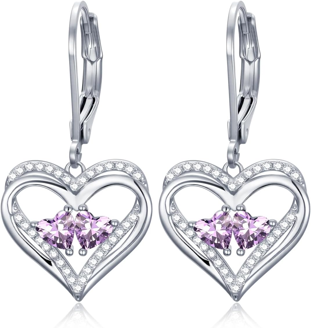 Valentines Day Gifts for Women, Heart Leverback Earrings Double Birthstone Dangle E...