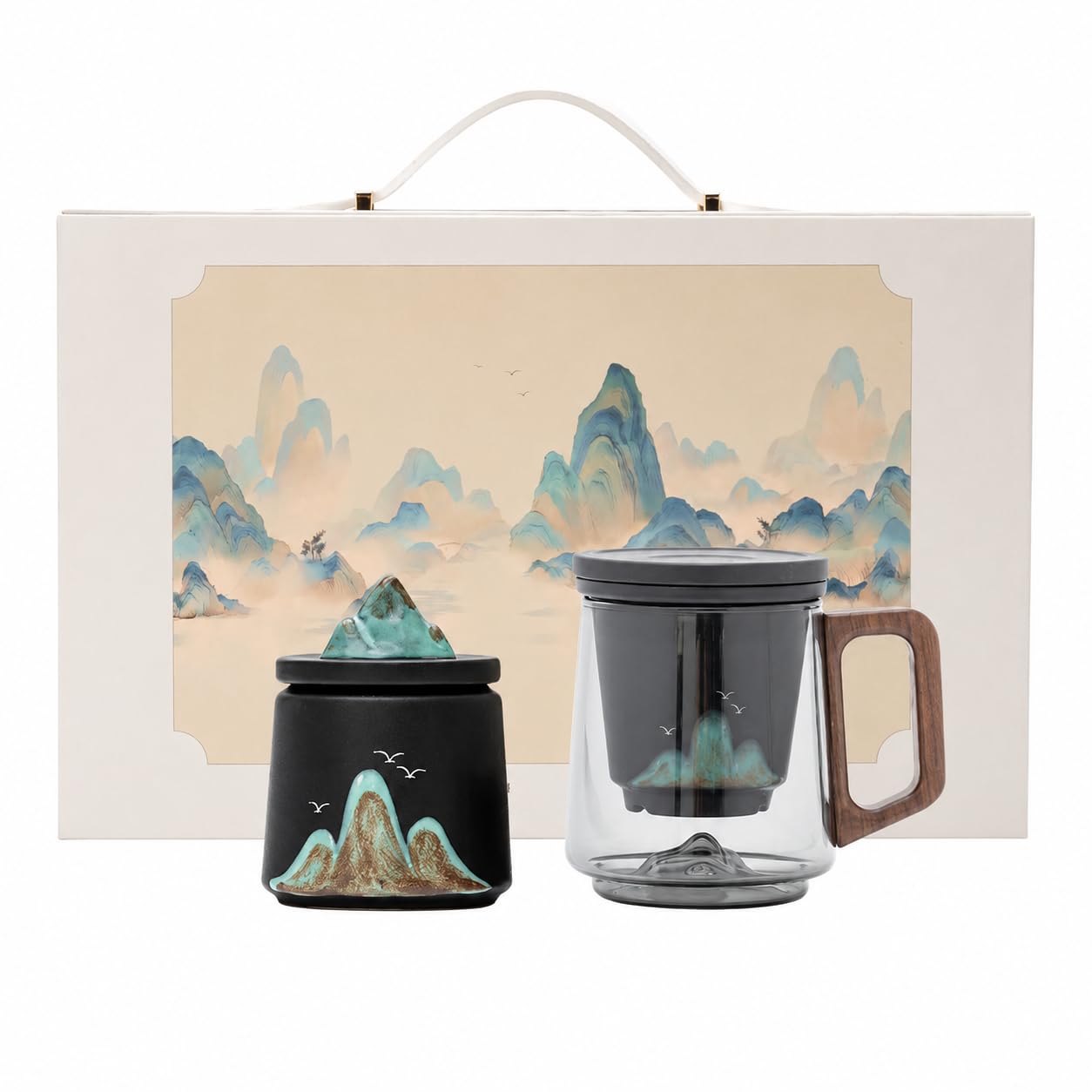Handbemaltes Porzellan-Teeset, 400-600ml Teekanne mit Siebeinsatz und Holzgriff, Retro-Stil, für Teeliebhaber, Yanfeishan-Teetasse mit schwar (#2885)