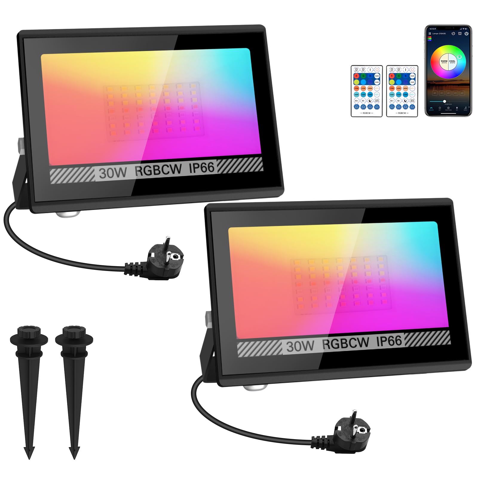T-SUN RGB Faretto LED Esterno 30W con App Bluetooth e Telecomando, 2 Pezzi | Lampada Floodlight Intelligente con Cambio Colore, Timer & Memoria, IP66, Sincronizzabile con la Musica per Giardino, Partito