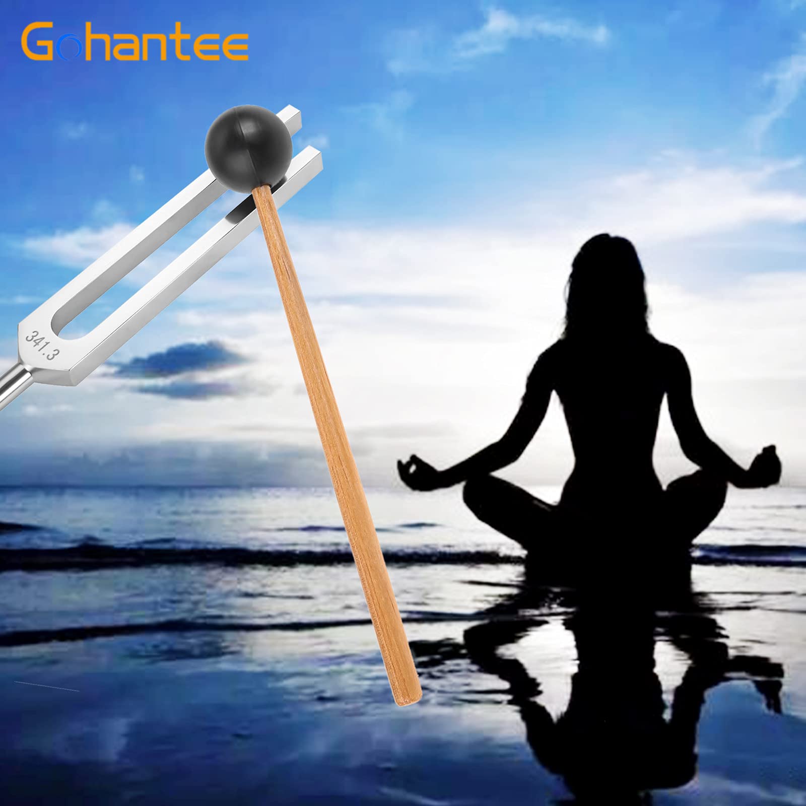 Gohantee Juego de 8 tenedores de afinación de chakra plateada+2 martillos de sonido (256Hz, 288Hz, 320Hz, 341.3Hz, 383Hz, 426.6Hz, 480Hz, 512Hz)