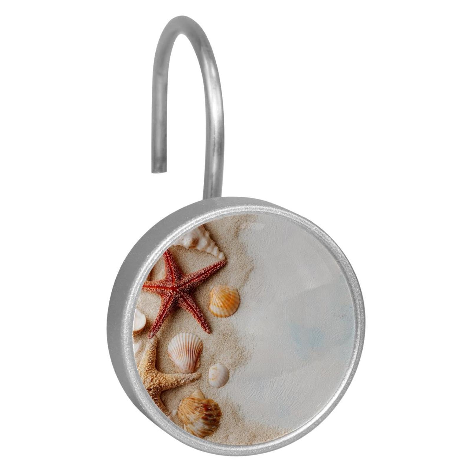 Beach Starfish Shells Decorative Shower Curtain Hooks Rings,Set of 12pcs Shower Curtain Hooks,Rustproof Decorative Shower Rings for Bathroom