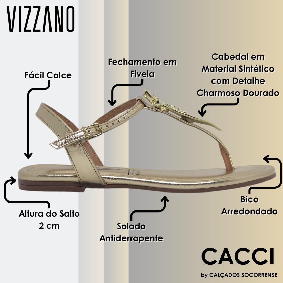 Sandalia Feminina Rasteira Casual Dourada Dia a Dia Vizzano