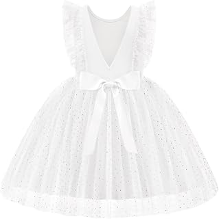 Toddler Dress Summer Ruffle Sleeve V-Back Tie Waist Flower Girl Dresses Wedding Tulle Outfit 2-8Y