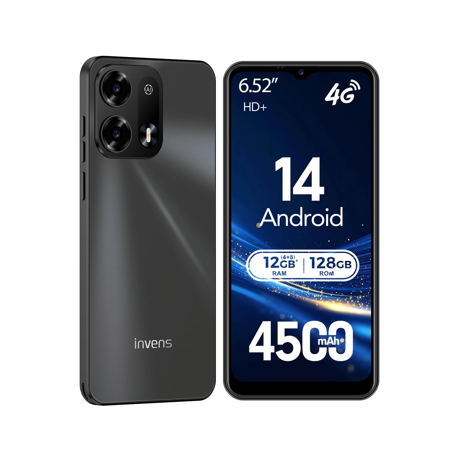 invens NOTE TK02 Handy Ohne Vertrag - 12GB(4+8)+128GB /256GB Smartphone Ohne Vertrag Android 14, 6,52 Zoll Bildschirm 4500mAh Handy Günstig, 16MP+8MP Kamera, 4G Dual SIM/Face ID/GPS/3.5mm Jack Schwarz