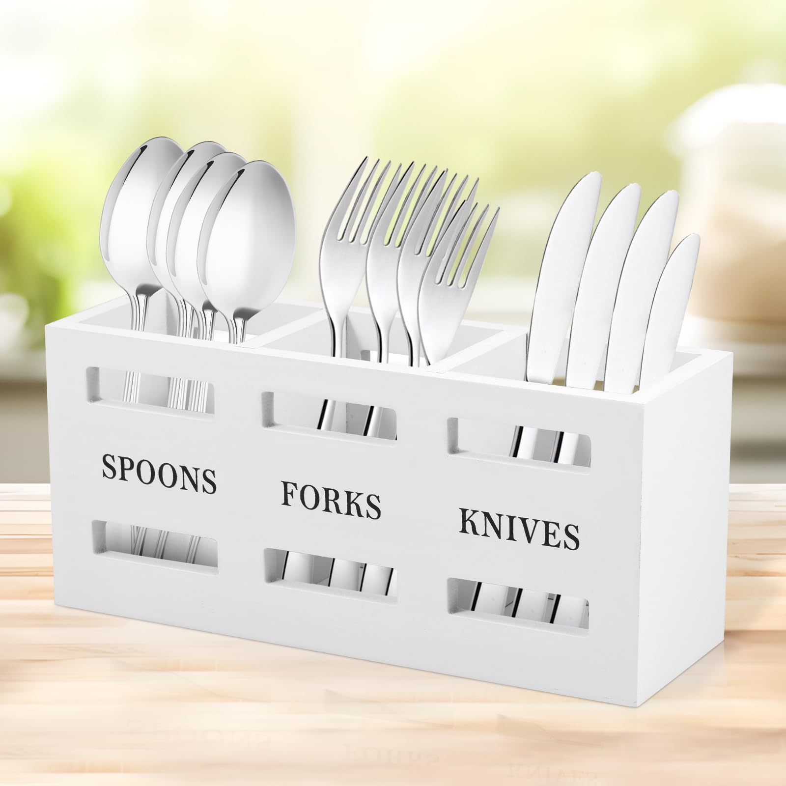 YJQXMYU Kitchen Utensil Holder with 3 Separate Compartments, Desktop Wooden Silverware Caddy Large Capacity Kitchen Utensil Holder Multipurpose Flatware Caddy for Forks Spoons Cutters (White)