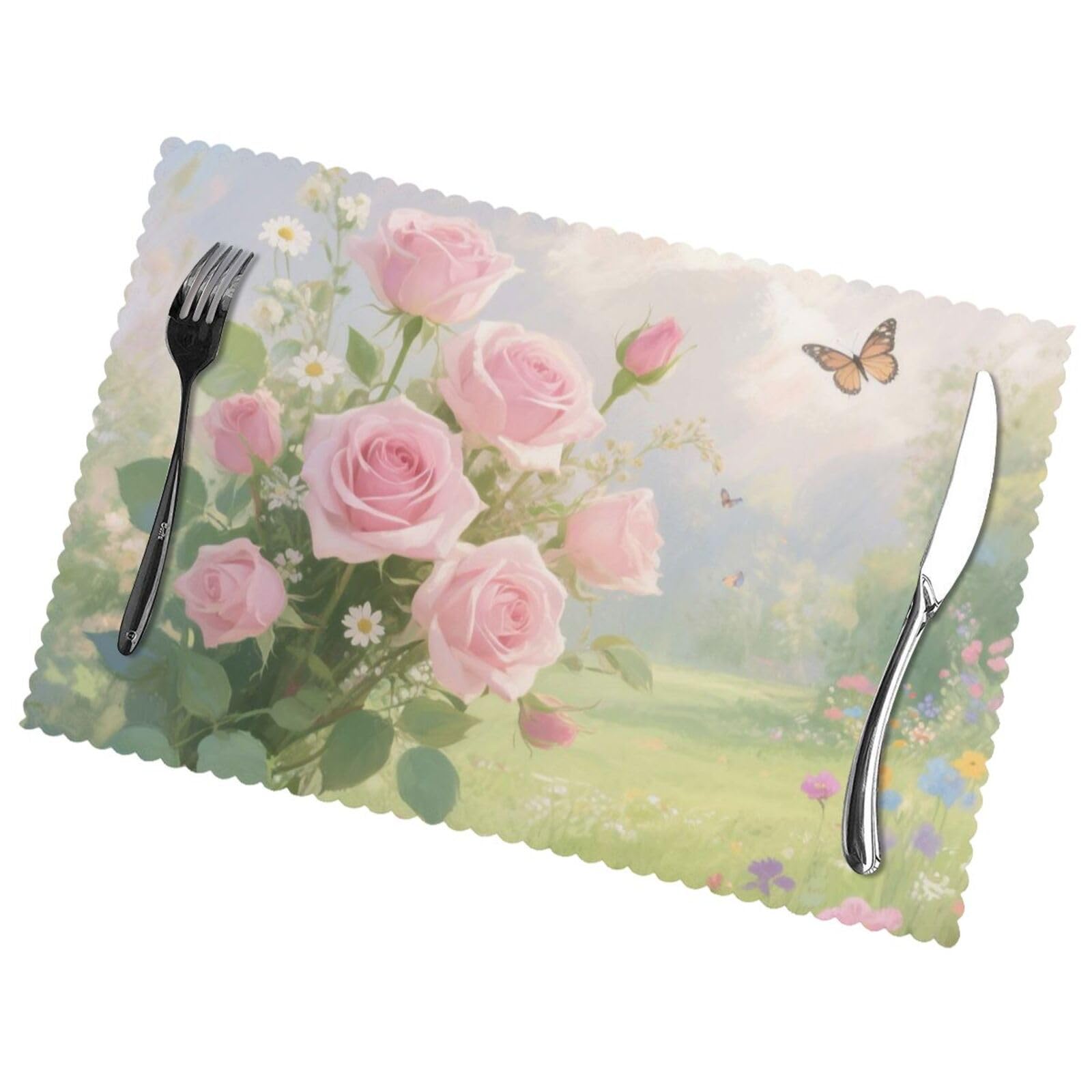 12x18 Inchplacemats Set of 6, Rose Place Mats for Kitchen Dinning, Heat Resistant Anti Slip Table Mats, Waterproof Washable Placemat for Indoor Outdoor Party Kitchen Dining Table Décor