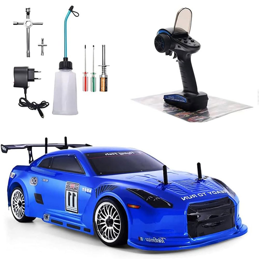 Nitro RC Cars for Adult 1/10 2.4G Professional Fast Drift Remote Control Car Two Speed Nitrogen Drive Truck 4WD 80KM/H Metal Chassis Gas Methanol Fuel Climbing Vehicle with Igniter (Blue)
