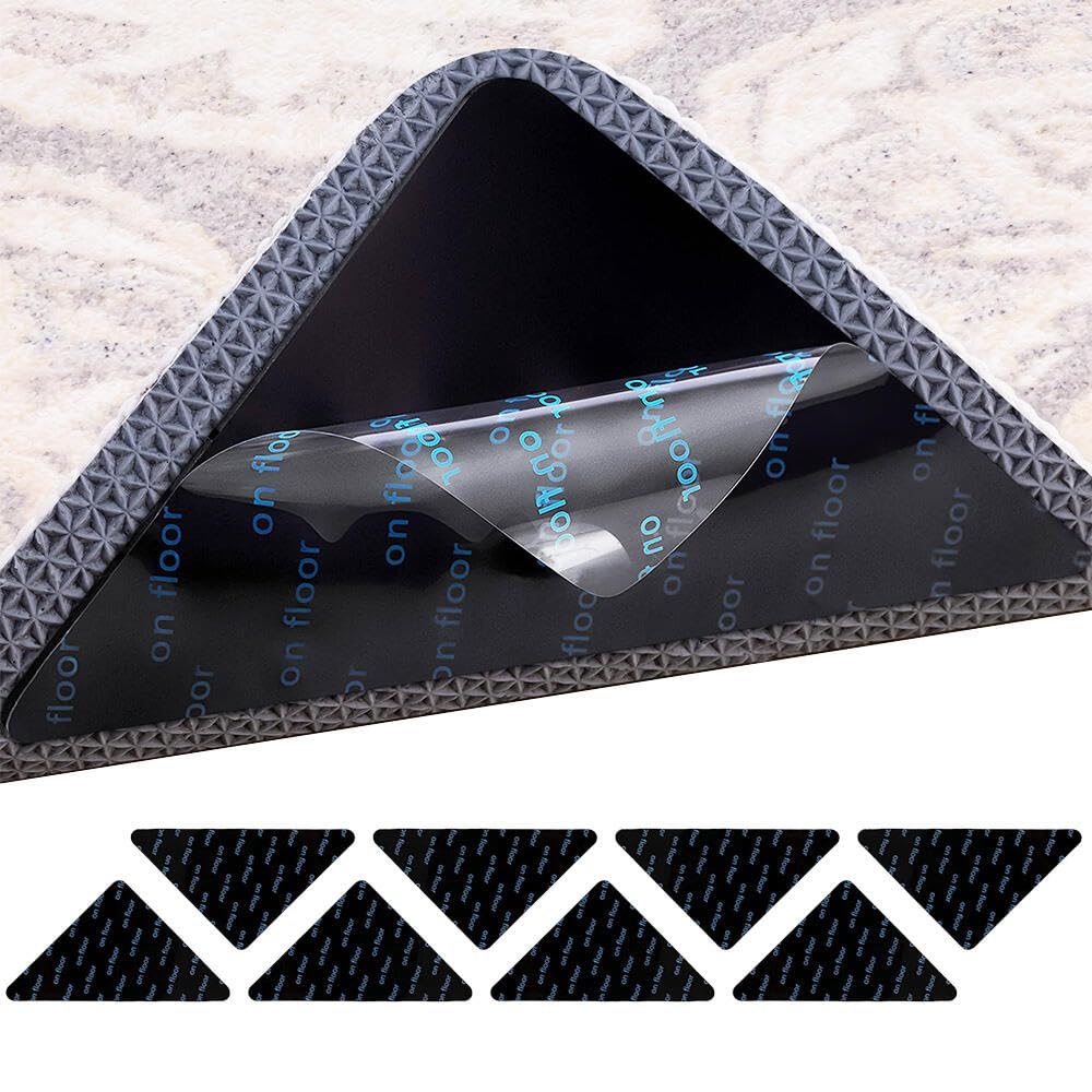 Goodern 8Pcs Rug Grippers,Washable Anti-Slip Carpet Sticker,Double Sided Anti Curling Reusable Rug Pad Rug Grippers,Strong Sticky Anti Curling Mat for Hardwood Floors Carpets Floor Mats-Triangle