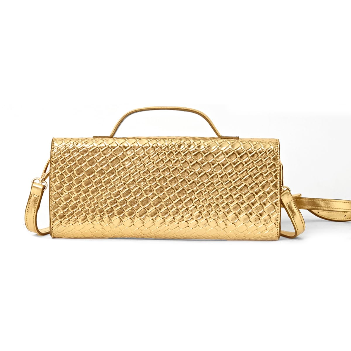 PHILOMENA Evening Woven Crossbody Bags for Women Casual Shoulder Handbag Vegan Leather Clutch Purse for Wedding Party (Gold)