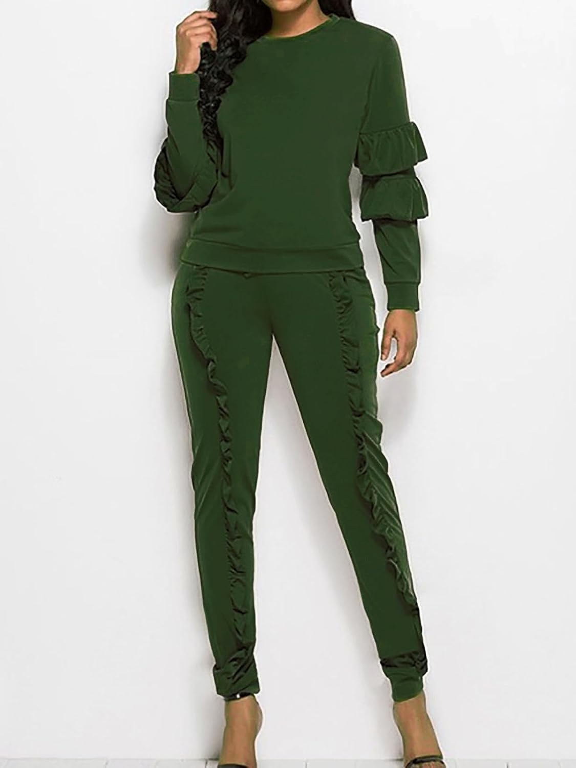 KANSOON Women 2 Pieces Outfits Puff Sleeve Top and Long Flounced Pants Sweatsuits Set Tracksuits