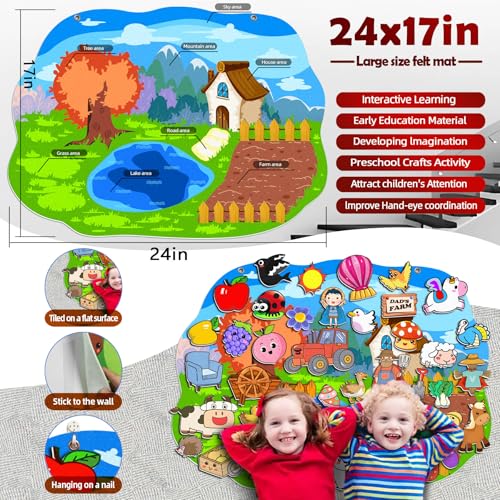 SKOLESK 77 Pcs Farm Animals Felt Story Board Set Preschool Farmhouse Themed Early Learning Storytelling Flannel Board Interactive Educational Play Kit Mat for Toddlers Kids - Image 2