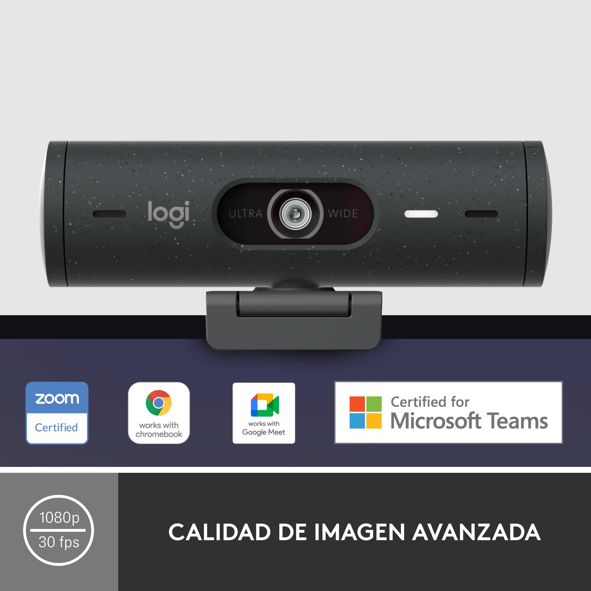 Logitech Brio 500 HD Webcam Ajuste Luz, Modo Visualización, Mics Duales con Reducción Ruido, Cubierta Privacidad Cámara Web, Admite MS Teams, Google Meet, Zoom, Cable USB-C - Grafito