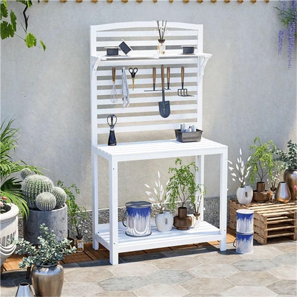 Outdoor Potting Bench for Porch, All-Weather Garden Table with Open Shelf, Three-Layer Wooden Plant Stand, Large Capacity Potting Bench Table(White)