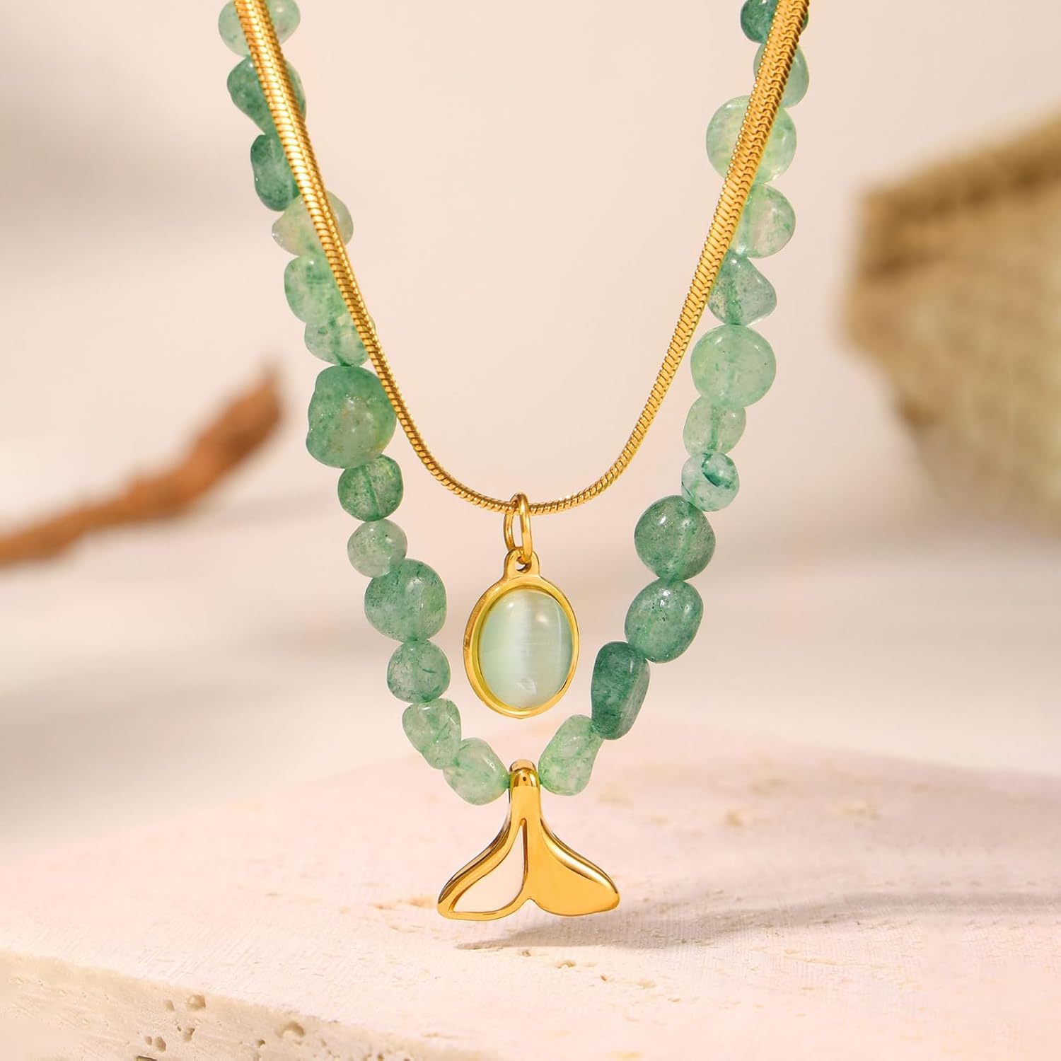 Gold Stainless Steel Snake Chain Necklace with Aquamarine Pendant, Adjustable Jewelry for Women - Image 6