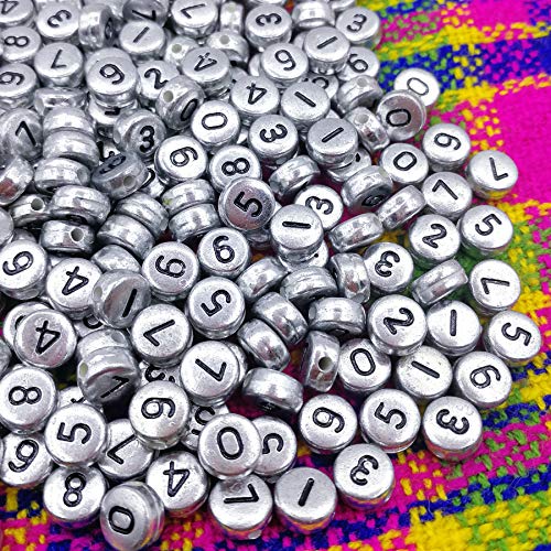 Image of Amaney 500pcs Silver Acrylic Number Beads 7x4mm Mixed Number Beads Acrylic Plastic Round Shape Loose Beads