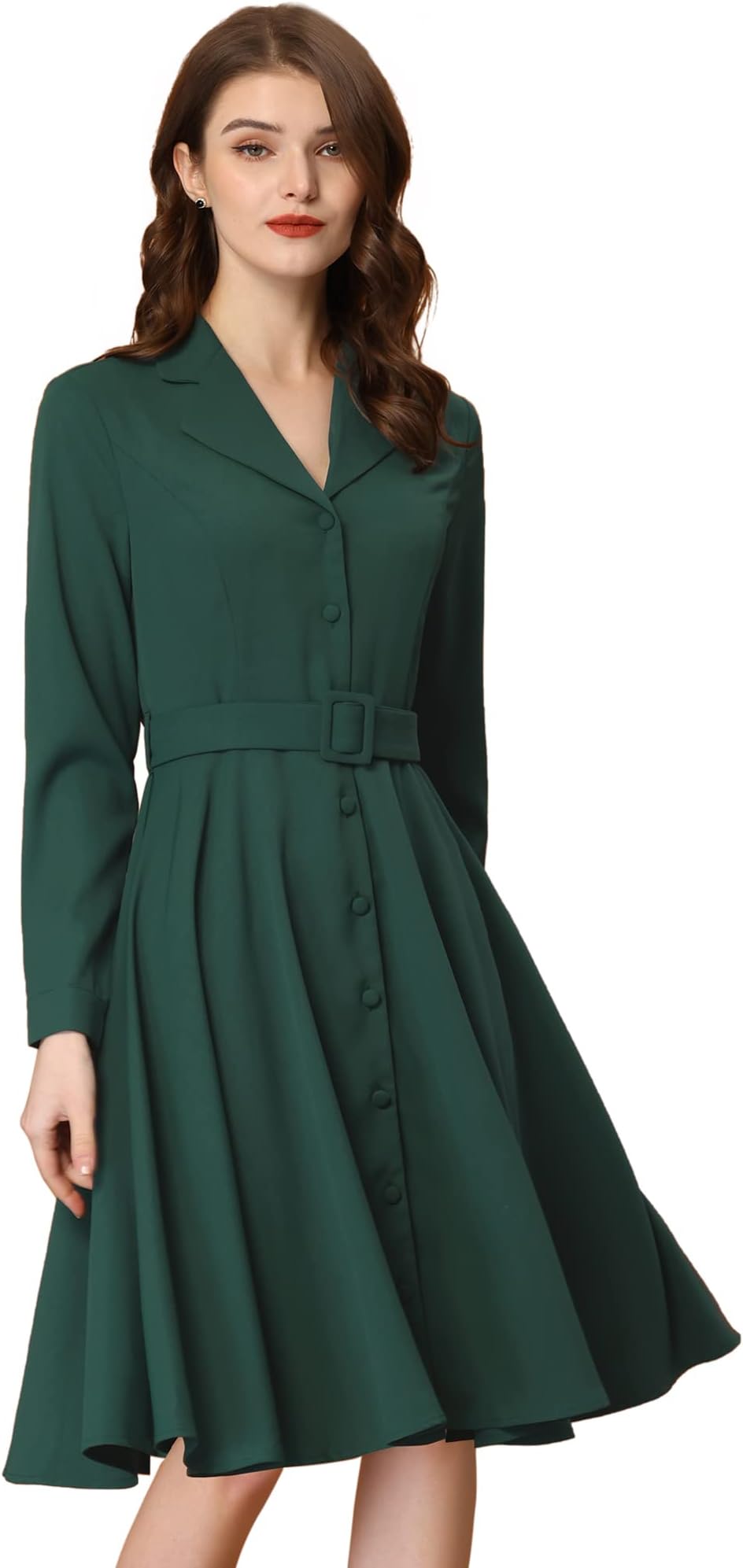 Allegra K Women's Work Dress Lapel Collar Belted Button Down Knee Length Dress