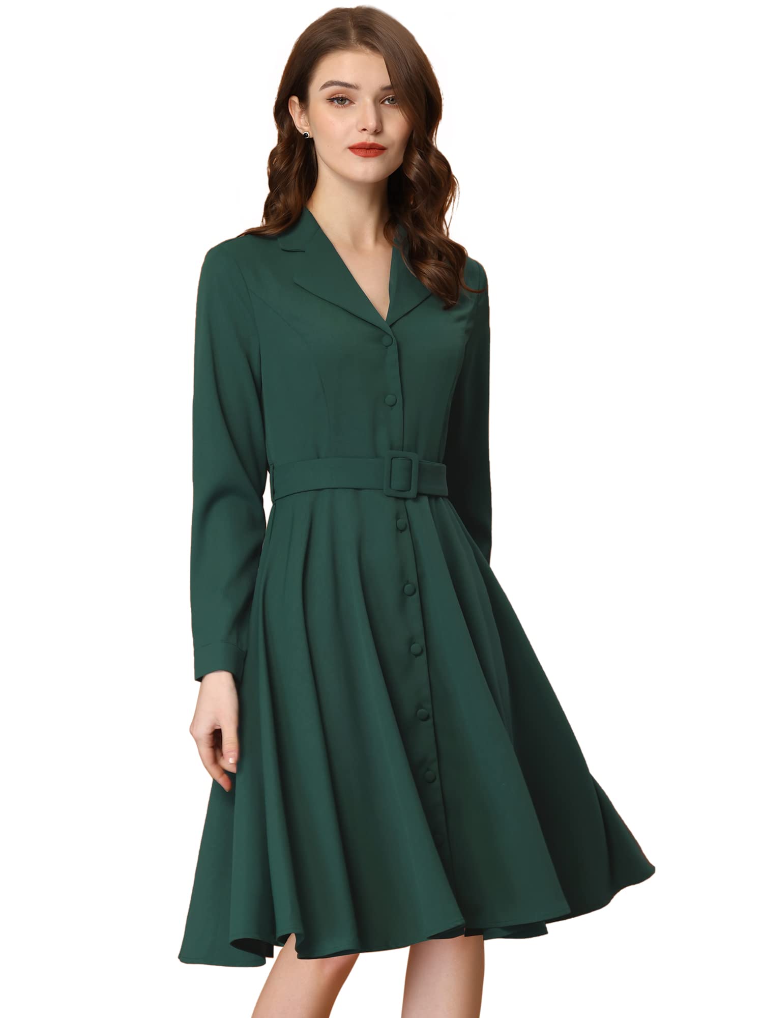 Allegra K Women's Work Dress Lapel Collar Belted Button Down Knee Length Dress