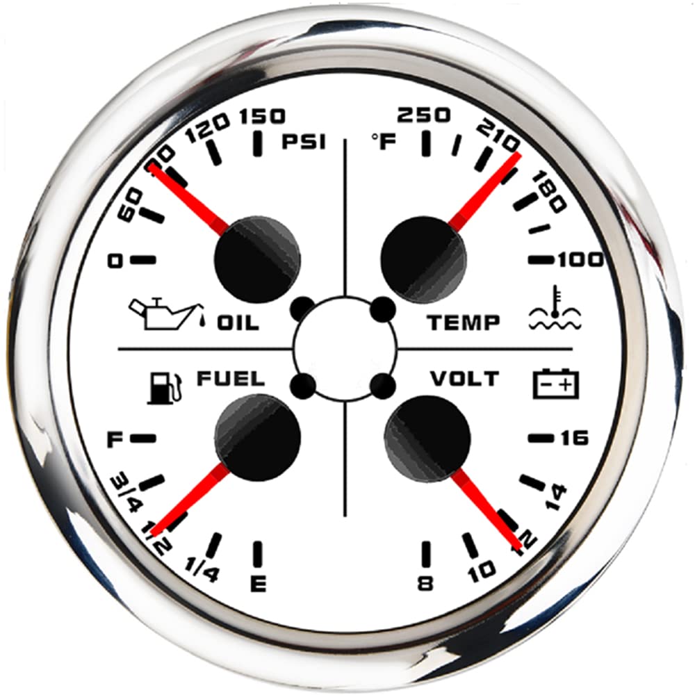 ELING 85mm (3 3/8'') 4in1 Multi-Function Gauge Oil Pressure 0-10Bar Water Temperature 40-120℃ Fuel Level Voltmeter 12V with Alarm Universal for UTV Yachts Truck