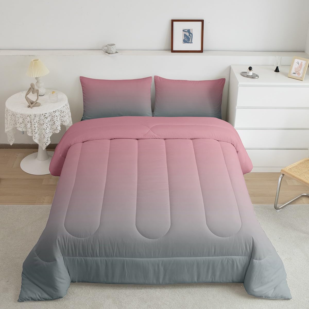 Erosebridal Pink and Gray Comforter Set Queen for Girls Boys Kids,Rainbow Ombre Bedding Set Aesthetic Room Decor for Women Men,Gradient Colorful