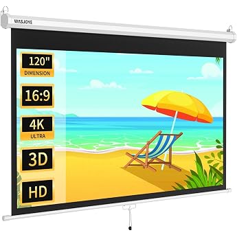 WASJOYE Manual Screen Projector Roller Blind with Universal 120 Inch Roll-Down Retractable Manual Projection Screen with Automatic Locking Adjustable Screen Height