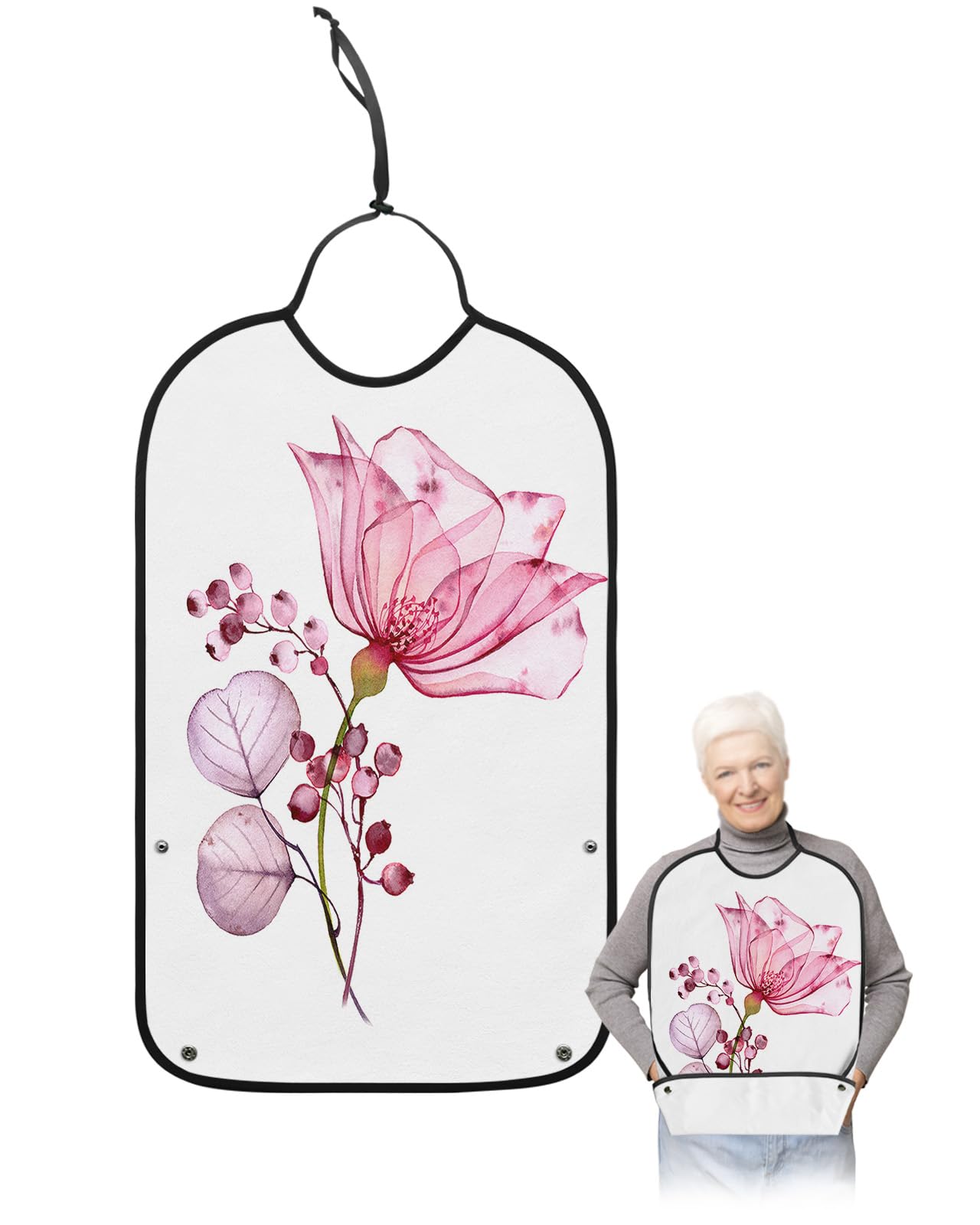 LEOKOTI Watercolor Flower Adult Bibs for Eating, Waterproof Bibs with Food Catcher & Adjustable Snap Closure, Simple Pink Spring Floral Washable Clothing Protectors Adult Bibs for Elderly Women/Men