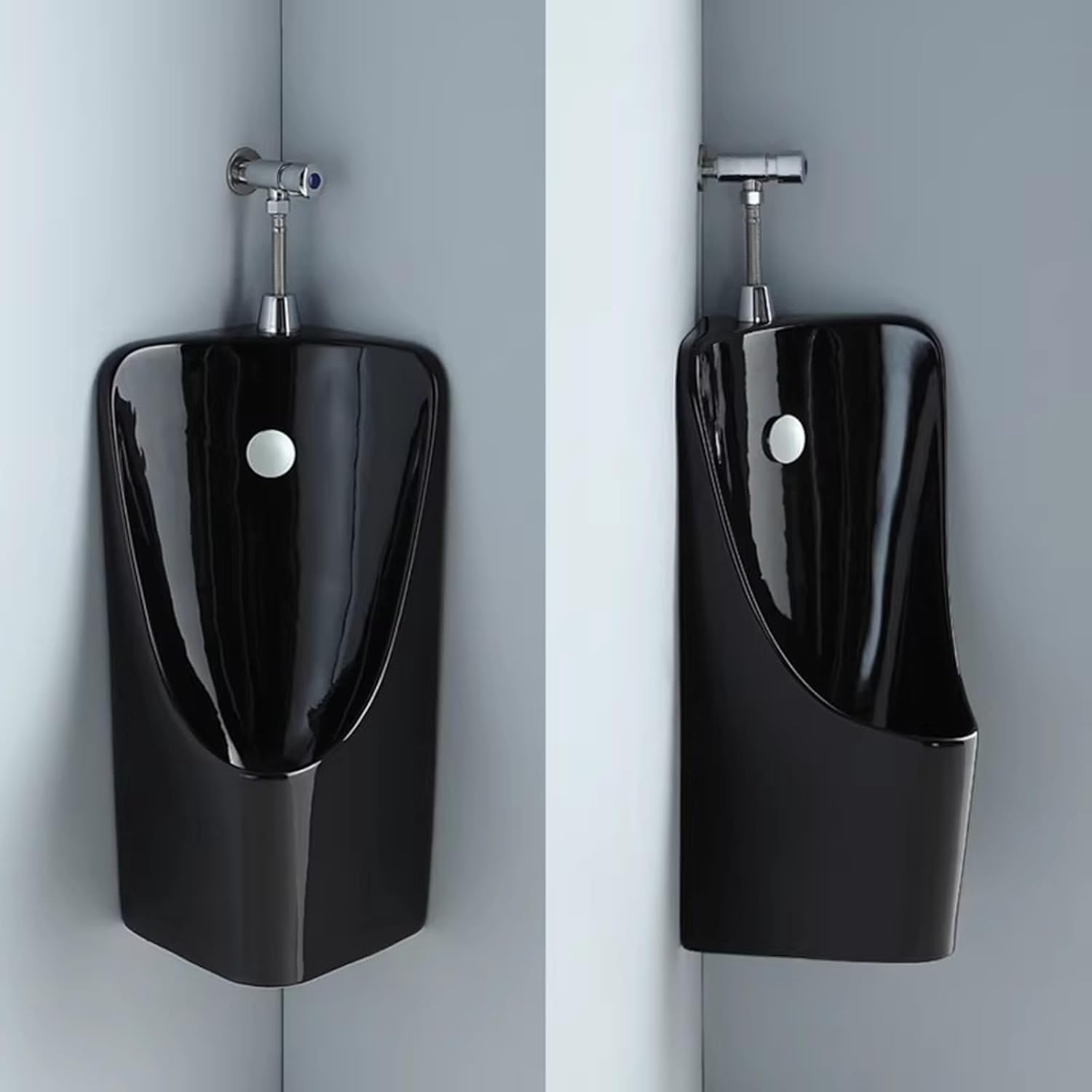 Corner Wall Mount Urinal for Men, Manual Flush, Commercial Ceramic Urinal for Bathroom, Water-Saving and Anti-Splash(Black)