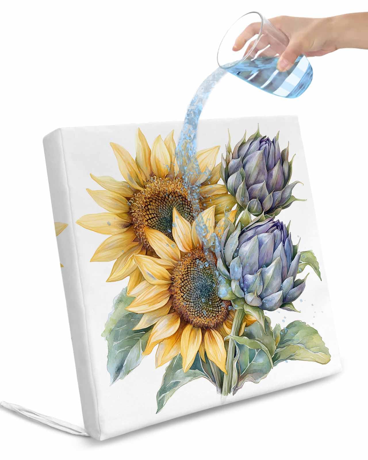 2 Pack Sunflower Waterproof Cushion Covers with Ties, Outdoor Patio Chaise Lounge Chair Seat Cushion Slip Covers Replacement(Only Cover) Yellow Floral Purple Budding Flowers Botanicals 22