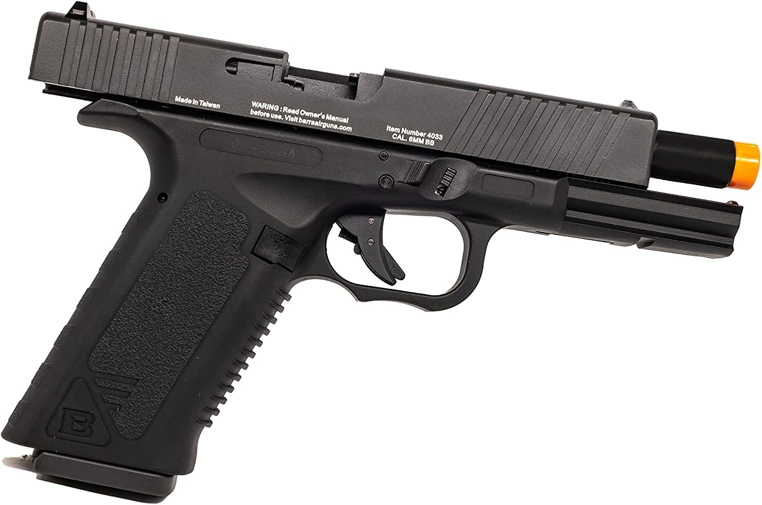 Barra Airguns 009 CO2 Powered 6mm Airsoft Pistol, Full Auto Select Fire with Blowback Action, Metal Barrel Construction, 325 FPS