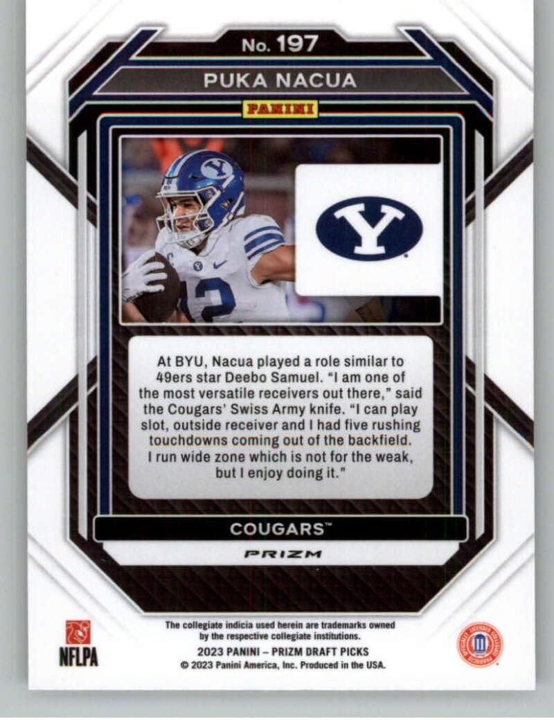 2023 Panini Prizm Draft Picks Prizms Gold Ice #197 Puka Nacua BYU Cougars Official NCAA Football Card in Raw (NM or Better) Condition