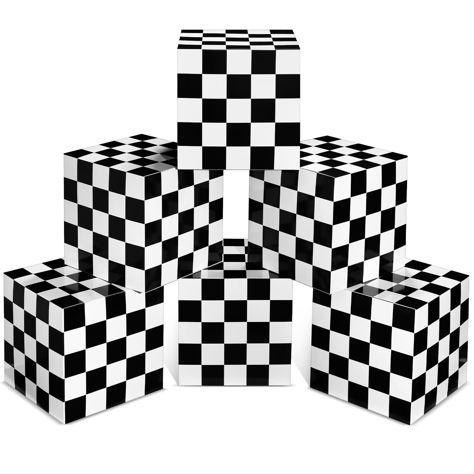 6 Pcs Large Race Car Party Treat Boxes 11.8 x 11.8 Inch Black and White Checkered Party Boxes Plaid Cardboard Goodie Candy Boxes for Race Car Birthday Party Decoration Supplies