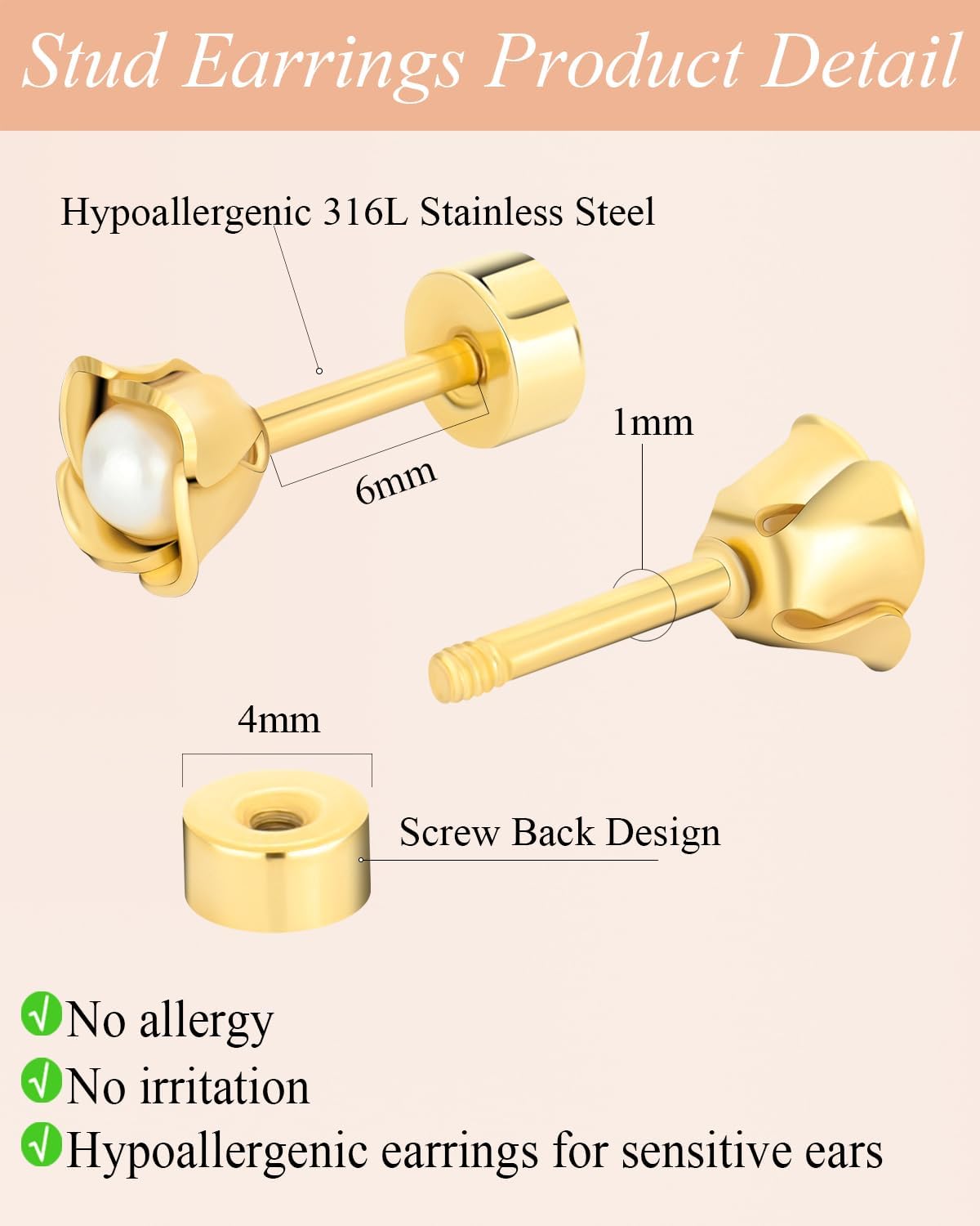 Flat Back Pearl Earrings for Women, Hypoallergenic Surgical Steel Stud Earrings 14K Gold-plated Screw Back Floral Pearl Earring for Sensitive Ears Cute Small Earring for Women Trendy Jewelry Gifts - Image 3