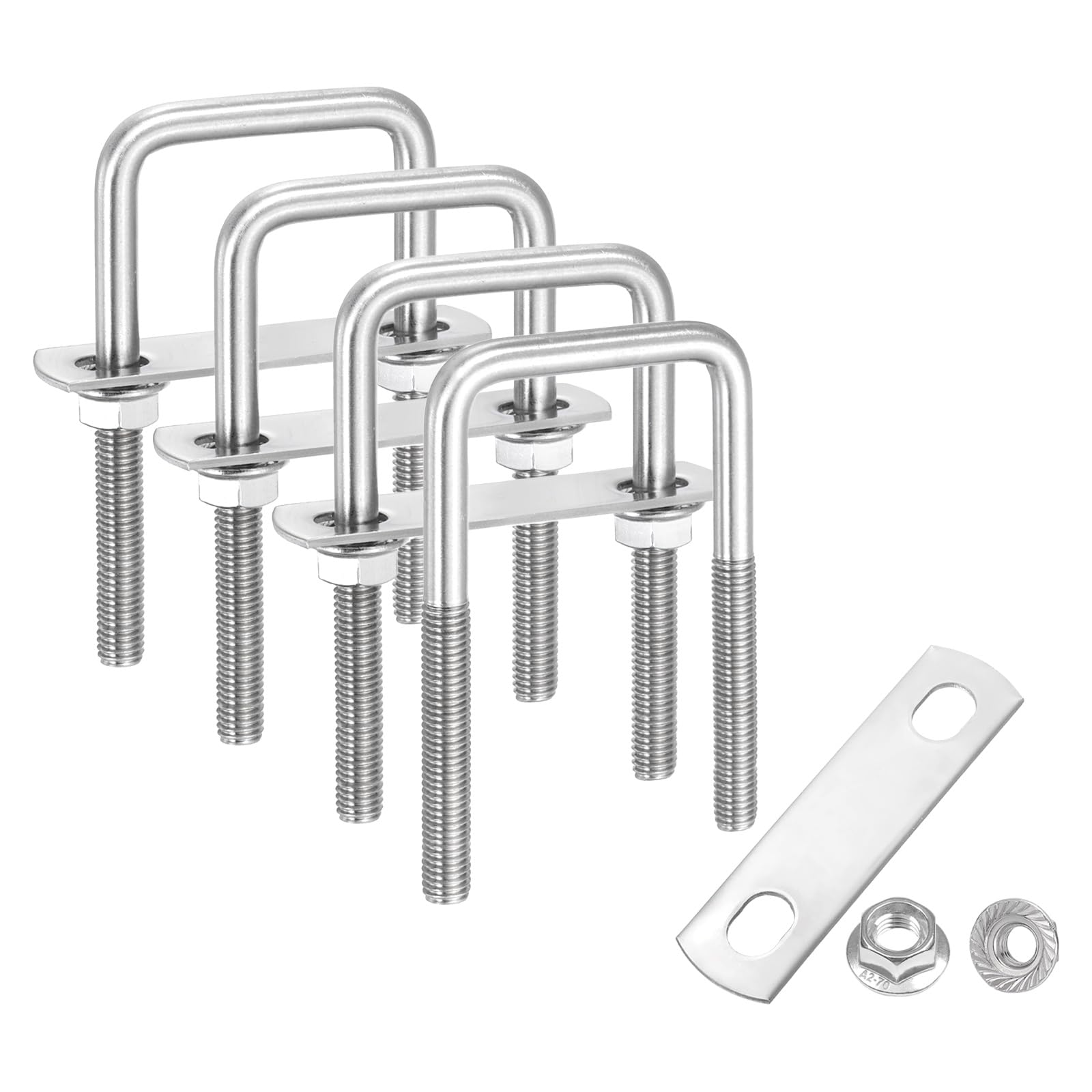 sourcing map 4 Set M8 1-9/16 Inch Inner Wide Square U Bolts, 4 Inch Length 304 Stainless Steel U-Bolts with Flange Hexagon Nuts, Frame Plates for Trailer, Automotive, (40mm W x 100mm L)