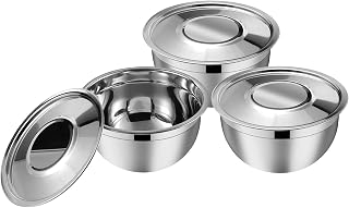 Kraft Stainless Steel Serving Bowl with Lid Set of 3 pcs - 18cm Mixing Steel Big Bowl Salad, Rice, Desert, Bowl Set Matt Finish, Food Grade 2 Year Warranty - Silver