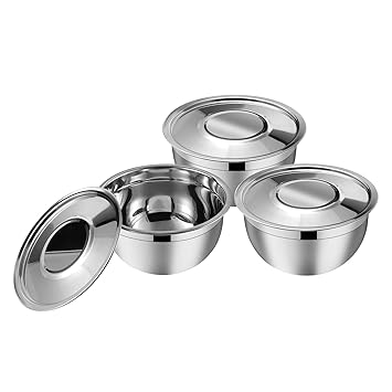 Kraft Stainless Steel Serving Bowl Set of 3 pcs with Stainless Steel Lid/Cover, Non Toxic, Matt Finish, BPA Free, Comes with 2 Year Warranty - Silver