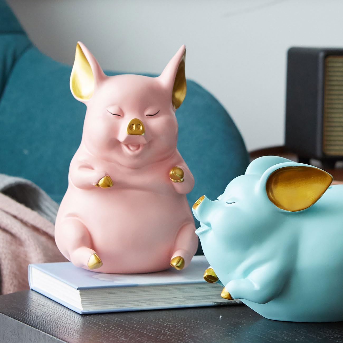Amoy-Art Piggy Bank Coin Bank Pig Gifts Decor Modern Arts Sculpture Animal Figurine Home Statue Crafts Polyresin Ornament Pink 21cm