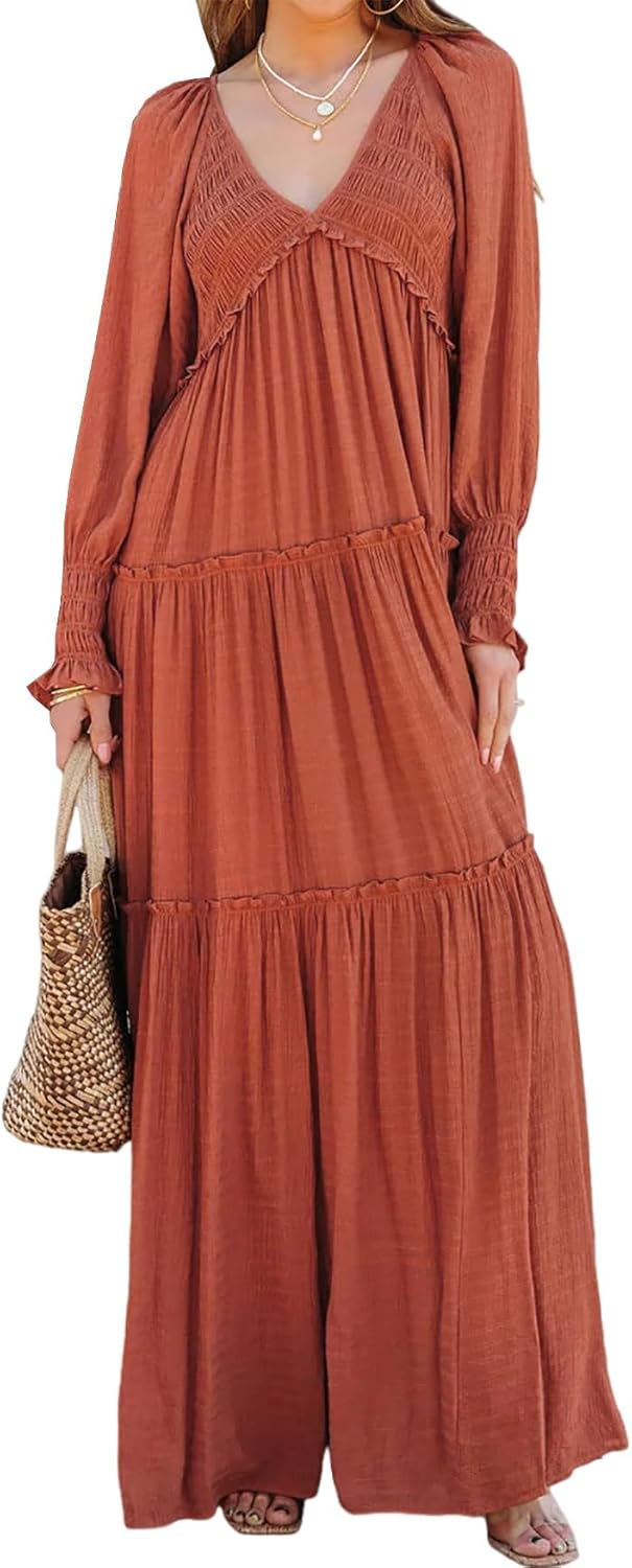 R.Vivimos Maxi Dress for Women Long Sleeve V Neck Empire Waist Layered Ruffle Boho Casual Flowy Long Dresses