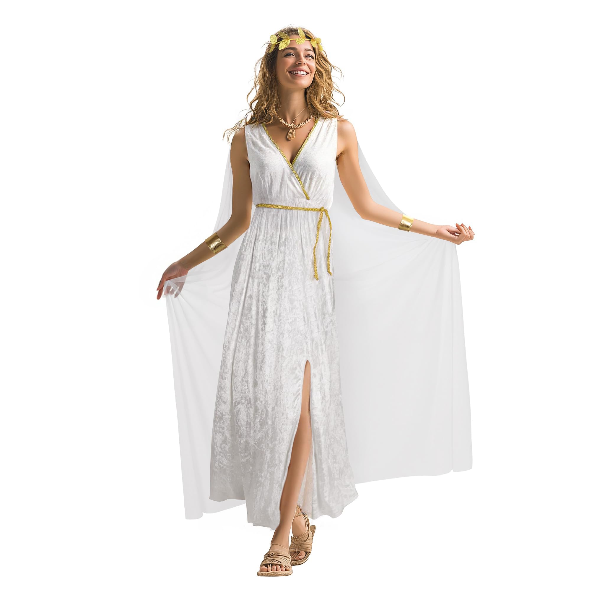 Greek Goddess Costume for Women, White Toga Dress with Cape & Gold Set