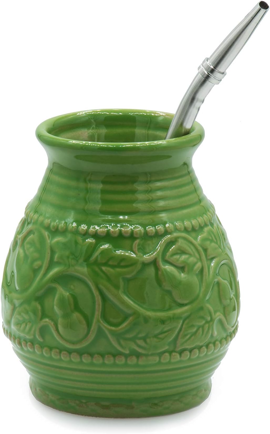 Ceramic Yerba Mate Gourd With Emboss Calabash Pattern (Green With Straw)