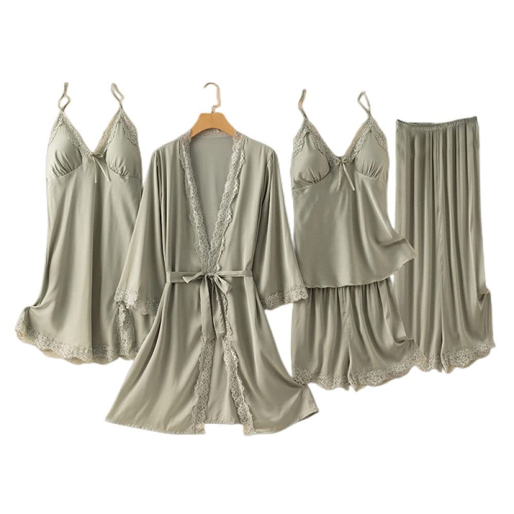 Accappatoio,5 Pezzi Set Accappatoio Kimono In Raso Estate Sexy Pizzo Scollo A V Vestaglia Camicia Da Notte Pantaloncini Canotta Set Tinta Unita Abito Pigiama Sposa Vestaglia Bademantel Damen,Verde,L