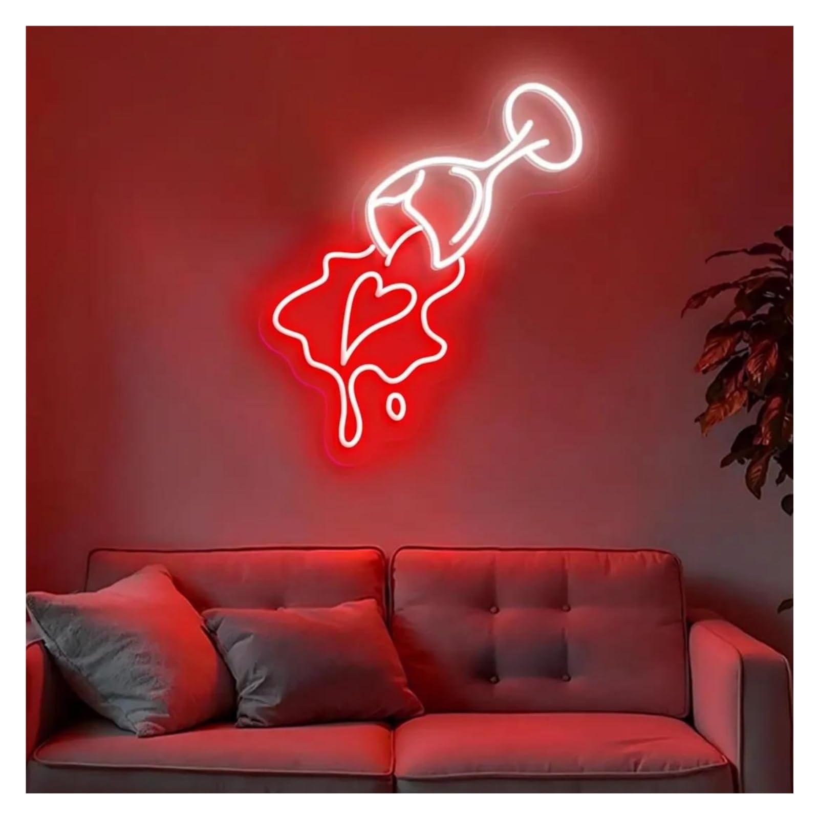 Shouxi B Sign Lamp Spilled Wine With Heart Neon Sign, Wine Glass Wall Art Neon Sign, Cocktail Lounge Decor 45Cm(B)