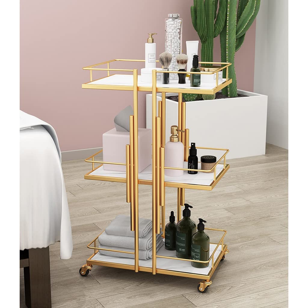 Carrito de almacenamiento de metal con ruedas bloqueables de 3 niveles, organizador para belleza, spa, cosmetología, tatuajes, manicura, estación de herramientas faciales (dorado)