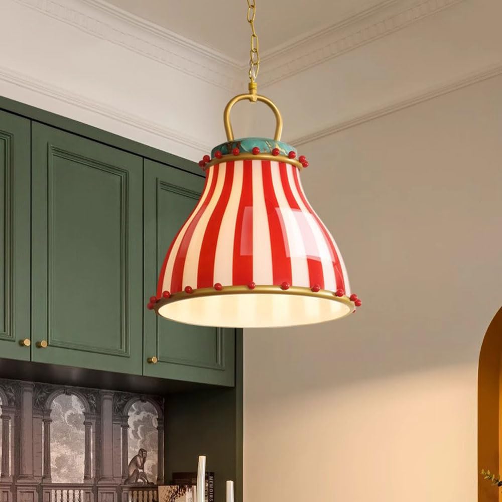 Lampa wisząca ze szkła w paski – czerwono-biały żyrandol w stylu vintage, oprawka E27 do salonu, wyspy kuchennej, przedpokoju
