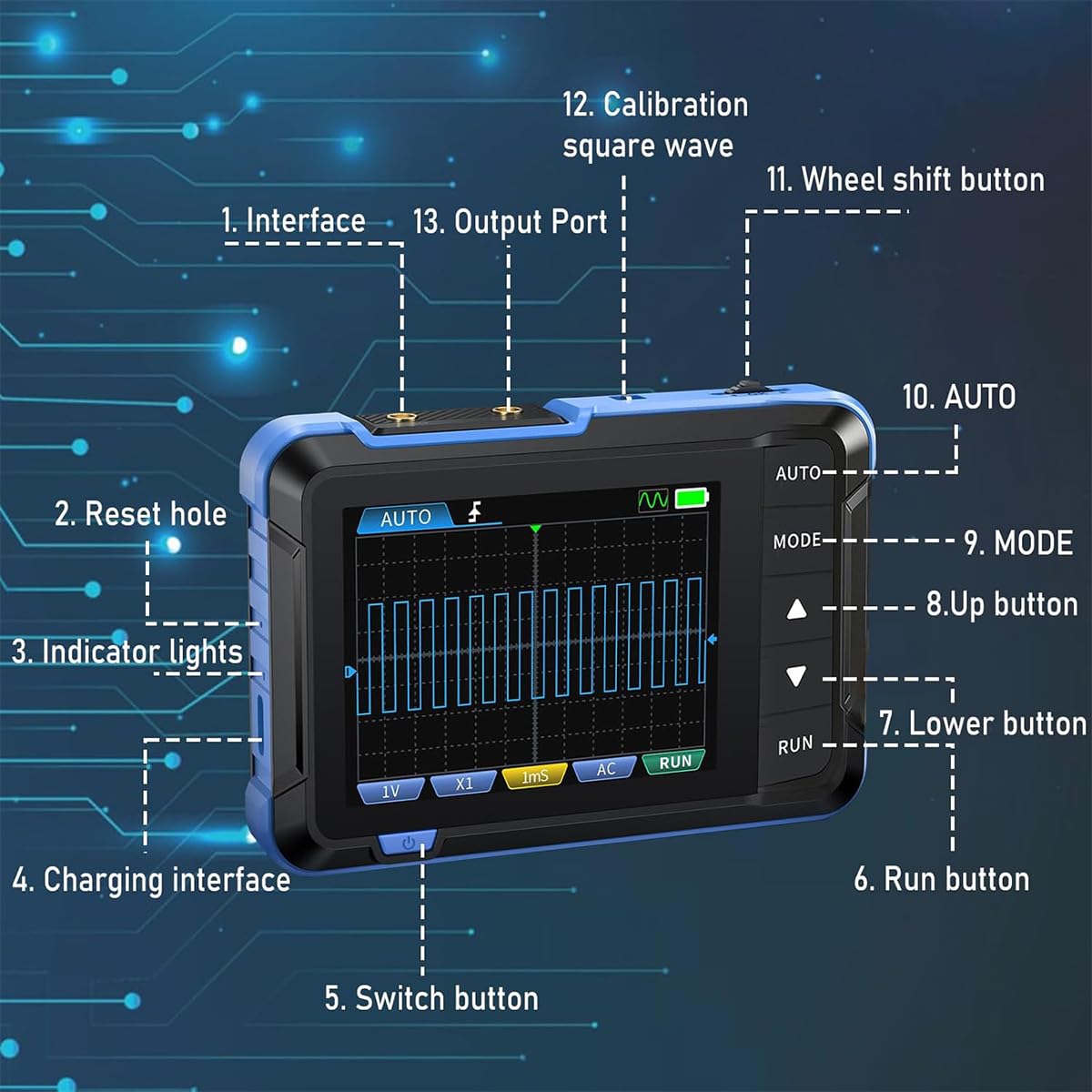 DollaTek Oscilloscopio portatile Oscilloscopio tablet 2 IN 1 multifunzione Mini generatore di segnale Oscilloscopio digitale 5MS/s Frequenza di campionamento Oscilloscopio 1M di larghezza di banda