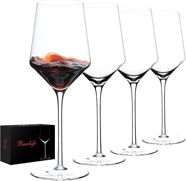 BACLIFE Hand Blown Red Wine Glasses Set of 4 – 15 oz Premium Crystal Wine Glasses With Long Stem – Unique Wedding Gift, Daily Use