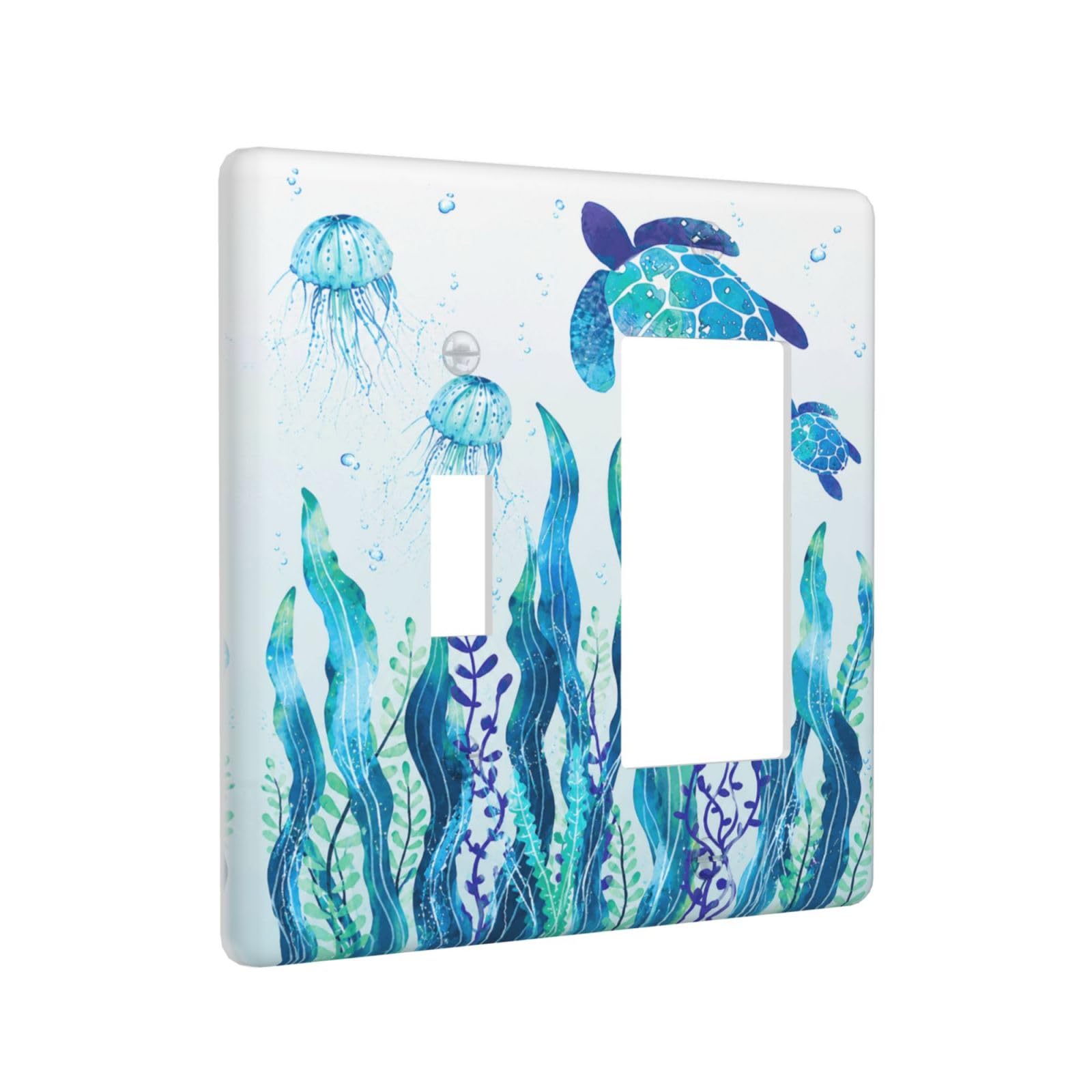 Xuejiaku Decorative Outlet Covers Teal Sea Turtle Jellyfish Seaweed Underwater Ocean 2 Gang Light Switch Cover Plate Single Toggle 1 Rocker Wall Plates Switch Plate Covers for Bedroom Home Decor