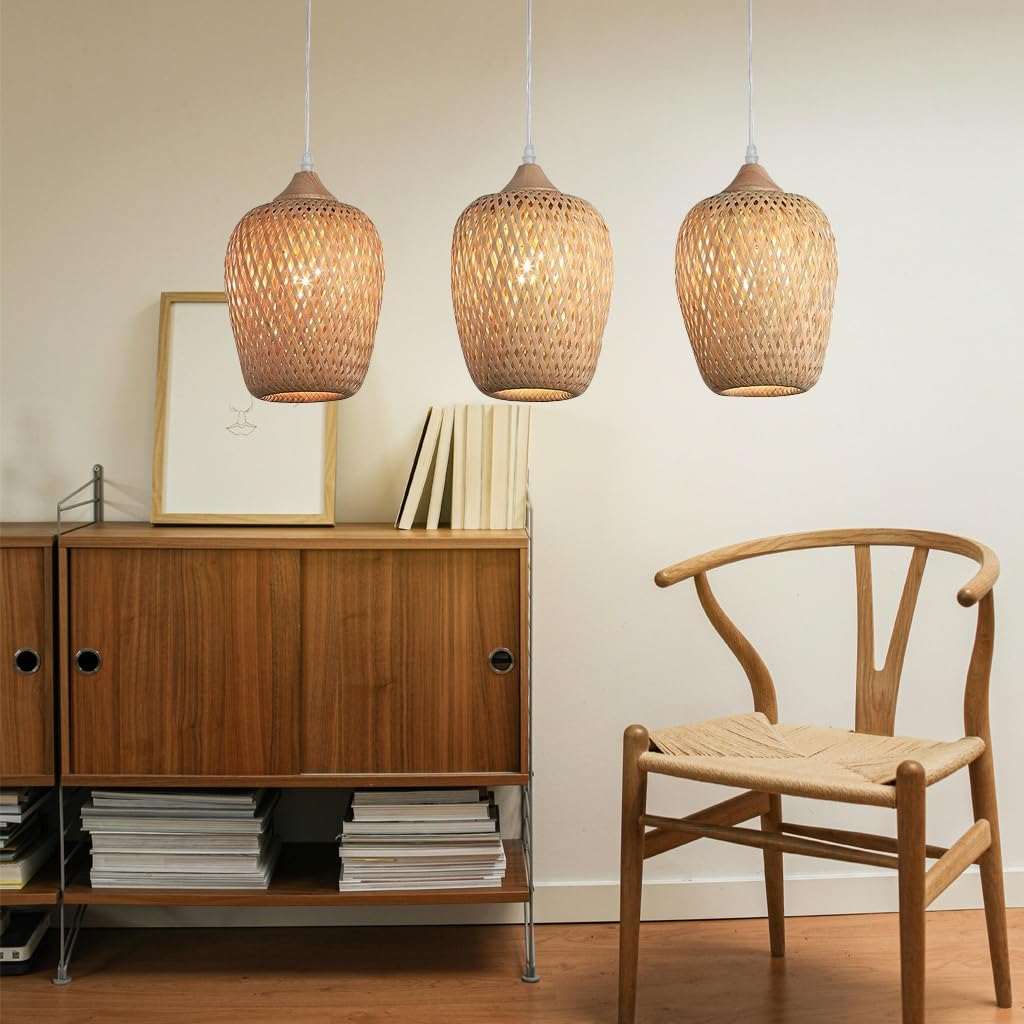 Lustre Suspension E27 COOYO - Style Vintage Bambou - Réglable - Pour Salon, Salle à Manger - 60cm
