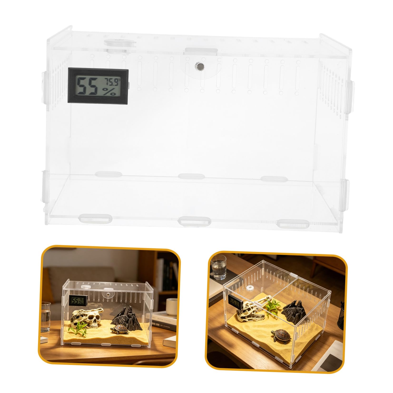 Terrario con Ventilazione in Acrilico Trasparente per Rettili 360° e Termometro per Monitoraggio umidità in per Allevatori di Domestici