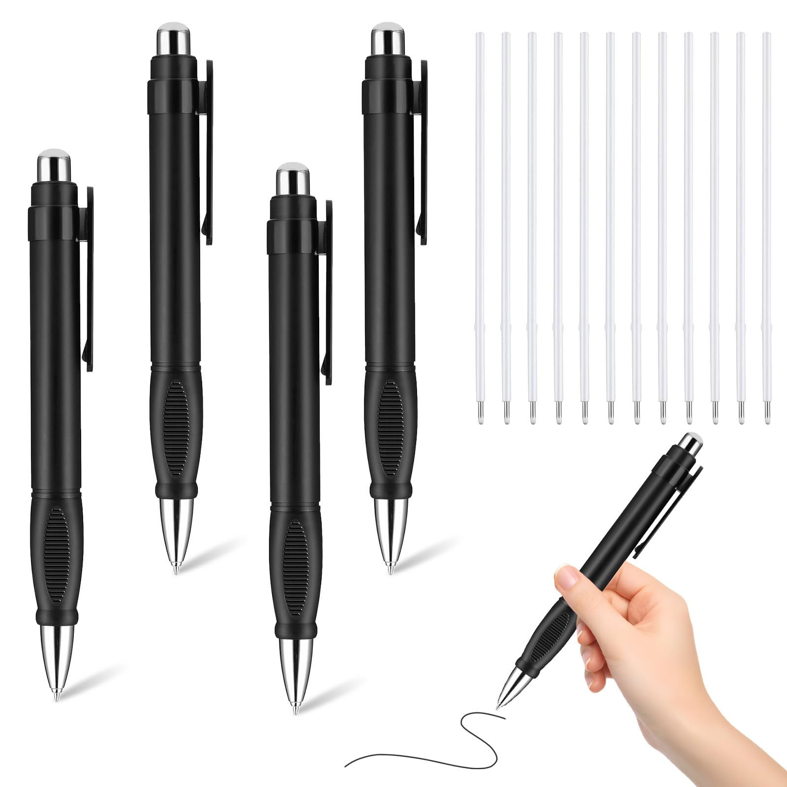 Uvwxba 4Pcs Extra Large Ballpoint Pens with 10PCS Refills Easy Grip Jumbo Pen Black Ink Fat Pens for Enhanced Writing Stability (Black)